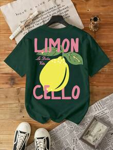 女士圆领字母柠檬印花休闲百搭日常短袖T恤 - 軍綠色 - 查看 3