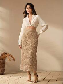 Anewsta 女士优雅3D立体花卉半身裙 - 卡其色 - 查看 6