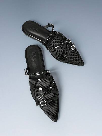 CUCCOO GRLICON Women's Rivet Decor Buckle Pointed Toe Flat Shoes Y2K