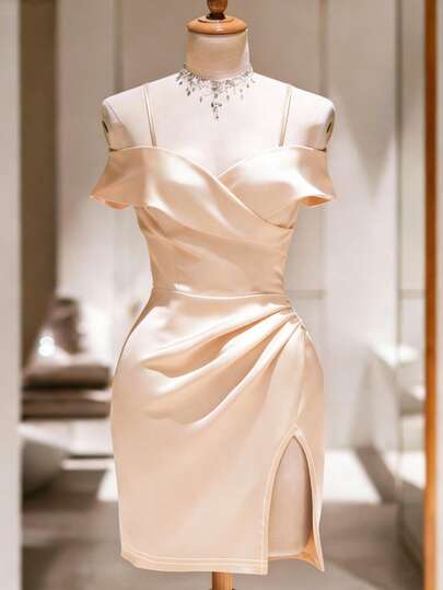 Franclia Champagne Satin Slip Dress For Women, Waist Cinched Open Slit Bodycon Dress, Party Elegant Mini Dress, Romantic Date Outfit, Birthday Gift