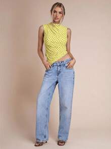 SHEIN BAE Áo camisole thời trang nữ in chấm bi, cổ đứng, vạt bất đối xứng - Màu vàng - Xem 4