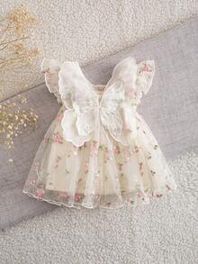 SHEIN Newborn Baby Girl Cute & Elegant Summer Mesh Floral Embroidery Dress - Apricot - View 1