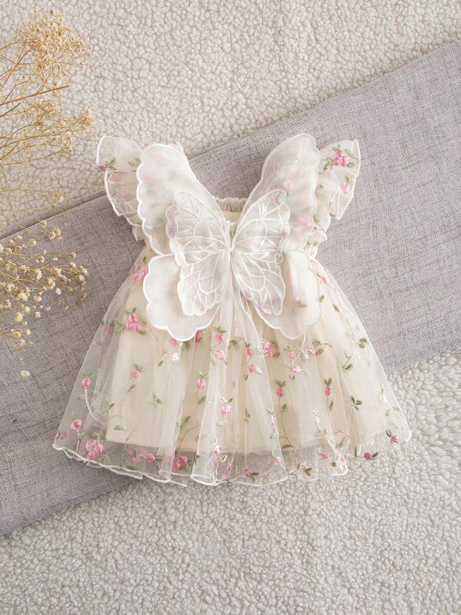 SHEIN Newborn Baby Girl Cute & Elegant Summer Mesh Floral Embroidery Dress - Apricot - View 1