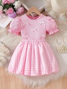 Elladie kids 夏季新款欧美时尚优雅女童套装，白色蝴蝶结装饰粉色圆领泡泡袖T恤+粉白格子泡泡裙，适合日常、通勤、上学等场合穿着。 - 粉色 - 查看 6