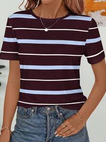 SHEIN Frenchy Áo thun nữ tay ngắn cổ tròn kẻ sọc, chất liệu 95% cotton, kiểu dáng thường ngày. - Nhiều màu - Xem 9