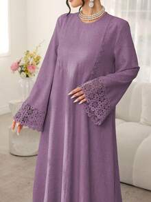 Al Najma Solid Color Round Neck Loose Long Sleeve Patchwork Ribbon Dress, Casual Resort Wear - Purple - View 1