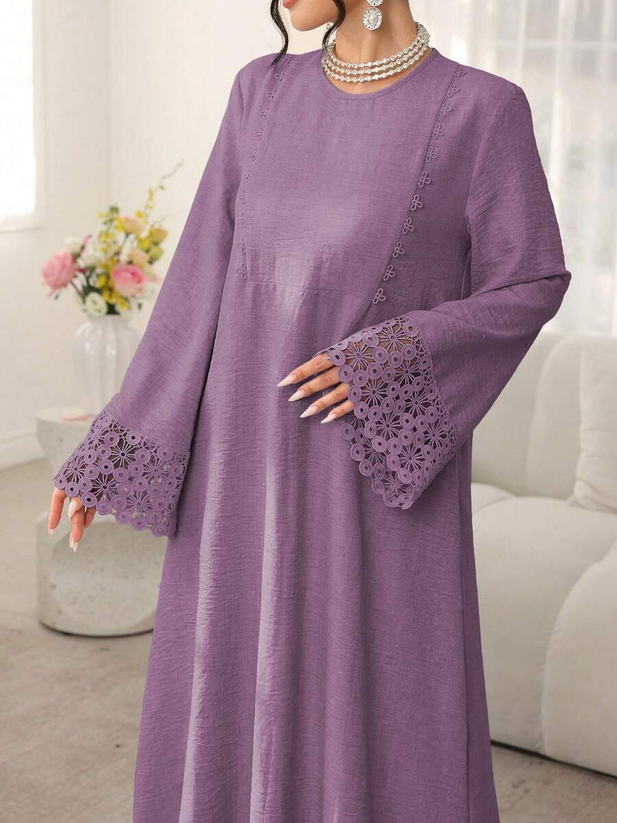 Al Najma Solid Color Round Neck Loose Long Sleeve Patchwork Ribbon Dress, Casual Resort Wear - Purple - View 1