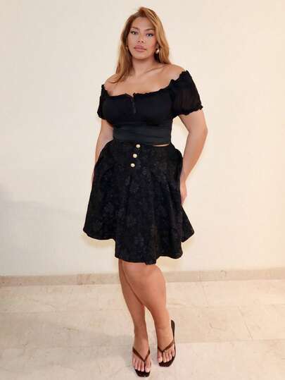 MelDlgn 大尺碼高腰提花裙，配有按鈕裝飾