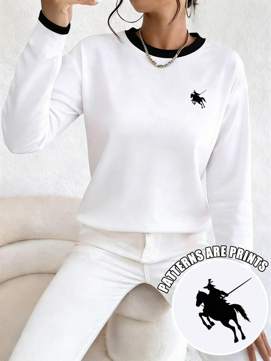 EMERY ROSE Camiseta de manga larga de cuello redondo con estampado de caballero y ribete de contraste, casual de verano para mujer - Multicolor - Ver 1