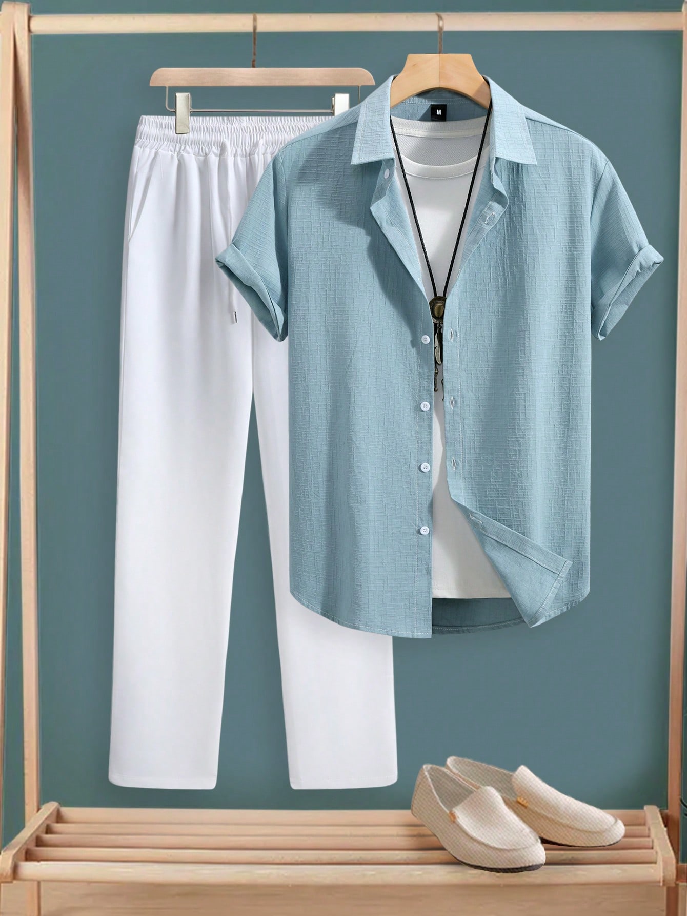 Manfinity Homme بدلة رجالية كاجوال من قميص أكمام ق...