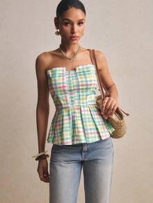 Poéselle 女士春夏新款收腰褶皱优雅衬衫，格子印花上衣，新款复活节套装 - 彩色 - 查看 6