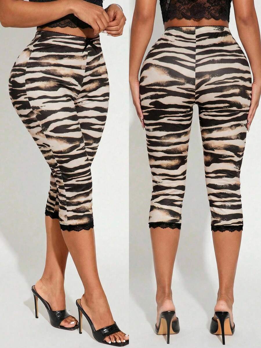 Radiana Sexy Casual Zebra Print Leggings, Bow Lace Trim Leggings, Capri Pants, Skinny Pants, Leisure Pants, Beach Pants, High Elastic Knit Fabric, Slim Fit Curve-Revealing, Suitable For Casual Outings, Urban, Island Vacation, Beach, Holiday, Night, Date, Gathering, Party, Club, Cocktail Party, Carnival, Music Festival, Concert, Festival, Animal Print - Multicolor - View 1