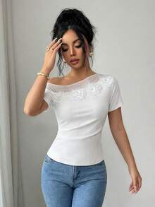 Selianne 1 buc femei primăvară/vară umeri oblici transparent plasă patchwork 3D floral decor ruched talie elegant tricou - alb - Vizualizare 3