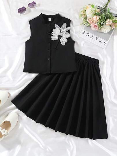 SHEIN Girls Elegant Floral Decor Sleeveless Vest And Skirt Set, Suitable For Daily, Festival, Outing And Vacation