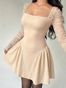 Aloruh Women's Square Neck Lace Patchwork Waist Ruched Flared Mini Dress - Apricot - View 4