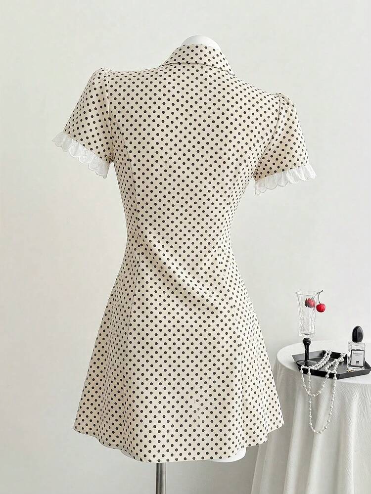 Comfortcana 2026 Spring/Summer New Fashion Women's Casual Apricot Polka Dot Print Button Mini Dress, Summer Christmas Lady's Outfit, Women's New Year's Eve Dress, Elegant Women's Polka Dot Dress,Summer Dresses For Women - Apricot - View 2