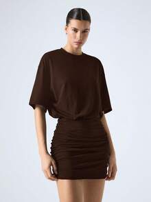 LYSMO 2026 Frühling/Sommer Neu Kaffeebraunes Enges Minikleid mit Rundhalsausschnitt und Kurzarm für Frauen - Kaffeebraun - Übersicht 4