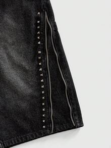 ROMWE MEN Quần short jeans nam dáng suông, ống đứng, lửng, đã qua xử lý giặt và đính đinh tán. - màu đen - Xem 4