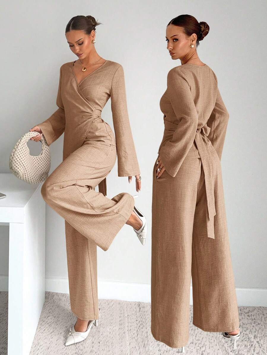 Siren Gaze 女士纯色秋季新款修身衬衫和裤子套装 - 卡其色 - 查看 1