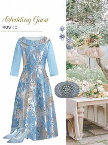 Ellevyn 女士圆领提花复古优雅派对中长连衣裙 - 湖藍色 - 查看 10