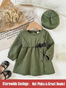 SHEIN Baby Girl In Autumn And Spring, Fashionable Simple Button Details Ruffled Long Sleeve Round Neck Dress And Beret, Daily Outfit - Army Green - View 1