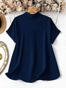 SHEIN LUNE 大码女式纯红色休闲短袖衬衫上衣，夏季衬衫，女士假日外出衬衫 - 藏蓝色 - 查看 2