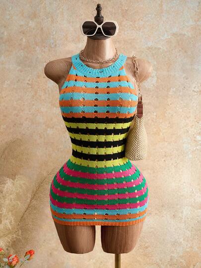 Mistrie Women's Sleeveless Striped Knit Dress, Round Neck Short Dress, Casual Elegant Summer Holiday Dress, Summer , Summer Clothes  , Summer Outfits For Women , Summer Outfits ,  Summer Outfit For Women , Beach Vacation Outfits For Women , Vacation Outfits Women  , Holiday Outfits For Women  , Vacation  , Holiday  , Summer Holiday Outfits , Holiday Outfits  , Vacation Outfits For Women , Vacation Dresses Vacation Dress  , Beach Vacation Outfits For Women ,Vacation Outfits Women