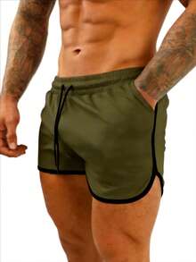 GymBeat Men's Drawstring Waist Pocket Casual Sports Shorts - Army Green - View 4
