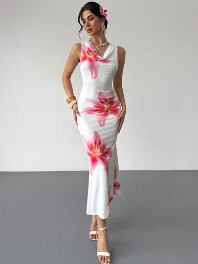 RiviMae 女士花卉垂褶领露背修身连衣裙，适合春季、夏季、秋季穿着，也适合户外聚会、生日派对、海滩度假、浪漫婚礼、伴娘礼服、约会等各种场合，时尚百搭。