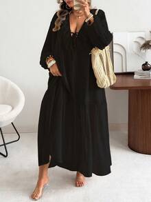 Vionelle 大码女装春夏休闲度假浪漫复古雪纺荷叶边V领长袖宽松长裙 - 黑色 - 查看 8