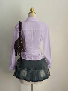 Elamini 性感立领侧边系带修身长袖女式衬衫 - 淡紫色 - 查看 2