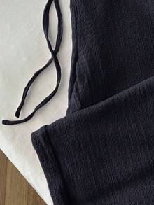 Elamini 女士复古纹理休闲低腰宽松直筒裤，修身纯色宽松版型长裤，适合春季穿着 - 藍色 - 查看 6