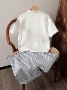 SHEIN 男童通勤休闲条纹立领衬衫和条纹短裤两件套，舒适时尚 - 灰色 - 查看 2