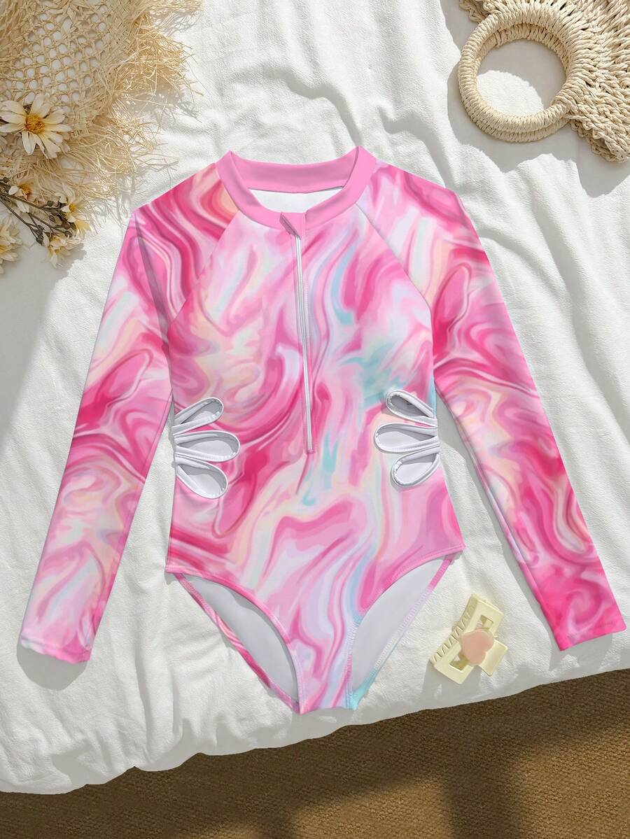 SHEIN 粉色扎染印花长袖泳衣,腰部镂空设计,适合海滩度假、游泳、泳池派对,少女连体泳衣 - 白色 - 查看 1