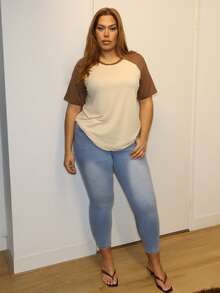 MelDlgn Plus Size Basic Casual Raglan Sleeve Short Sleeve Loose T-Shirt, Summer - Dark Grey - View 3