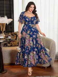Modelyn 大码女式方领荷叶袖印花收腰蛋糕裙浪漫度假连衣裙 - 彩色 - 查看 6