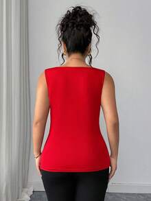 Elenzga Plus Size Summer Casual Solid Color Square Neck Knit Tank Top - Red - View 2