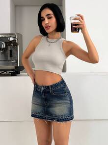 SHEIN Falda vaquera de tiro bajo de lavado medio, estilo casual para mujer - Azul lavado medio - Ver 3