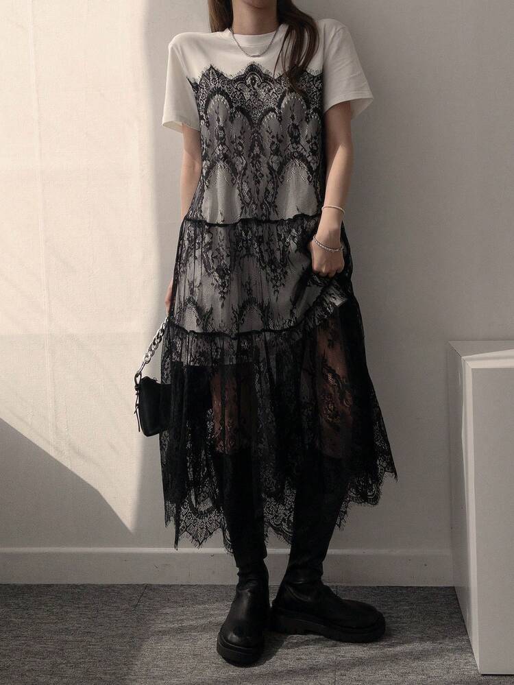 Women's Round Neck Lace Patchwork Short Sleeve A-Line Midi Dress, Korean Style Sundress Summer