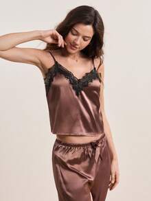 Hourtrue Eyelash Lace Trim Satin Cami Top & Knot Pants PJ Set / Pajama Set - Coffee Brown - View 8