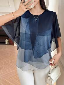 Livesso Women's Loose Fit Ombre Elegant Flowy Blouse - Navy Blue - View 2