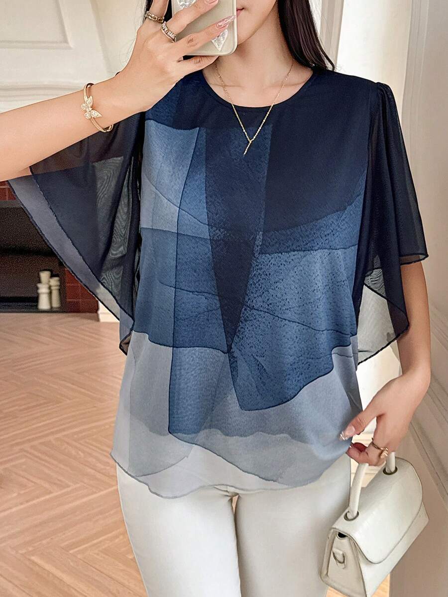 Livesso Women's Loose Fit Ombre Elegant Flowy Blouse - Navy Blue - View 1