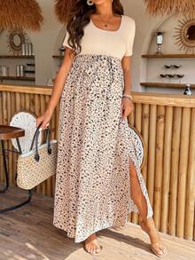 SHEIN Maternity Ditsy Floral Square Neck Short Sleeve Casual Dress - Khaki - View 4