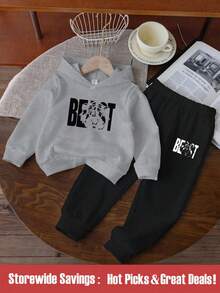 SHEIN 2 件套年轻男孩最佳连帽衫运动衫和运动裤休闲运动套装 - 灰色 - 查看 1