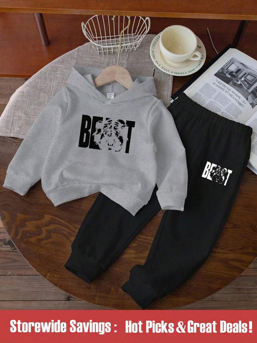 SHEIN 2 件套年轻男孩最佳连帽衫运动衫和运动裤休闲运动套装 - 灰色 - 查看 1