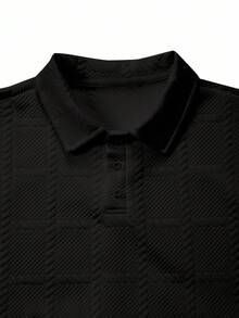 Manfinity Homme Plus Size Men's Black Summer Casual Smart Asymmetric Plaid Jacquard Polo Shirt, Short Sleeve Button Up Collared Top, Old Money City Break Streetwear Men - Black - View 5