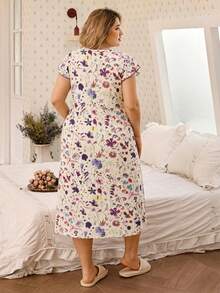 CottageSlumber Purple Floral Digital Print Round Neck Double-Layer Ruffle Trim Bow Tie Soft Comfortable Rib Knit Fabric Flare Sleeve Dress, Can Be Worn As Sleepwear - Purple - View 2