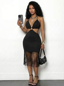 BamGleam Women's Fashionable Sexy Black Fringe Hem Backless Halter Dress - Black - View 3