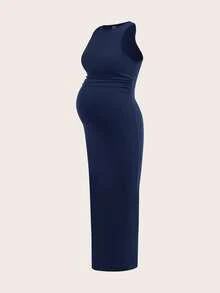 SHEIN Set de 3 vestidos casuales de maternidad de unicolor con cuello redondo, plisados y ajustados, sin mangas - Multicolor - Ver 6