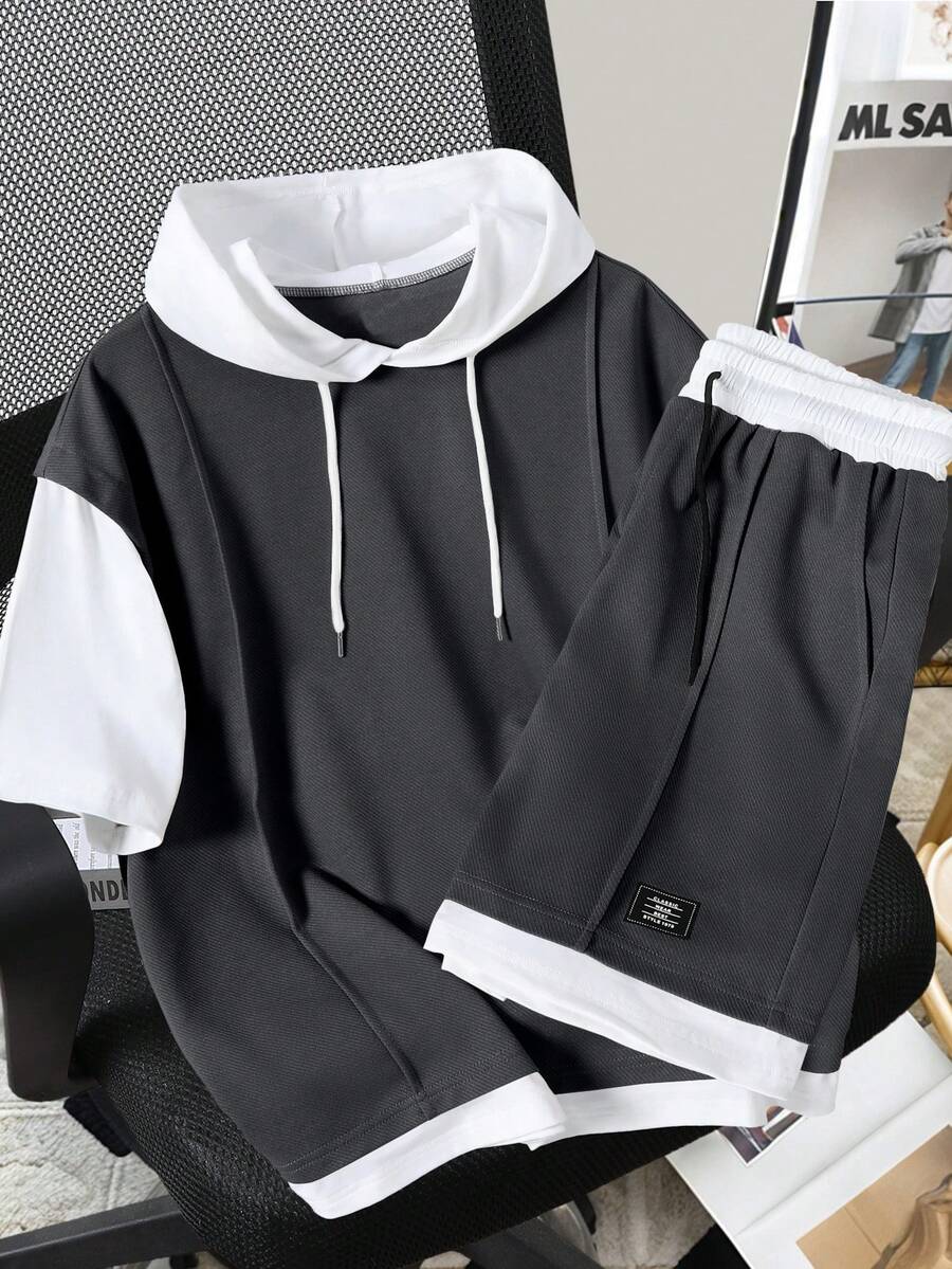 Manfinity Hypemode 男士撞色短袖连帽T恤和短裤休闲套装 - 深灰色 - 查看 1